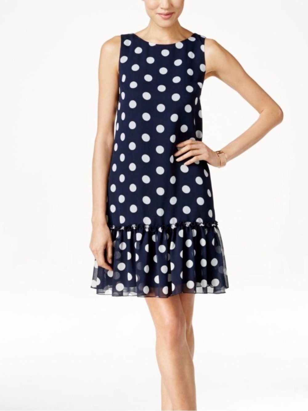 Tommy Hilfiger Black and White Polka Dot Sleeveless Ruffle-Hem Dress